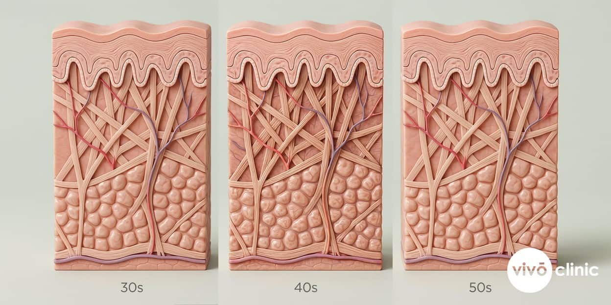 Photorealistic cross-section render of facial skin showing how collagen density and the SMAS support layer decline progressively across the thirties, forties and fifties, with embedded decade labels