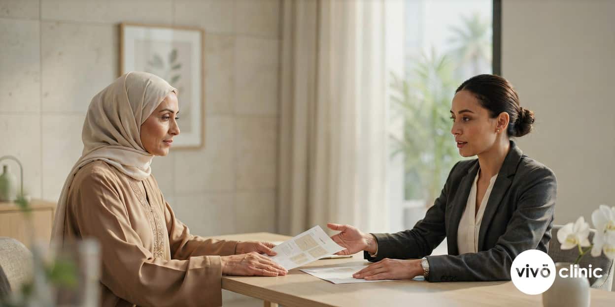 Middle Eastern woman in her fifties reviewing a personalised decade-by-decade anti-ageing treatment plan with a practitioner in modest attire at VIVO Clinic Dubai, no device or machine in frame