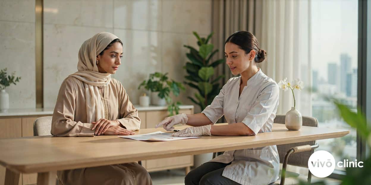 Middle Eastern woman in modest clothing reviewing a personalised body contouring treatment plan with a female practitioner in a premium consultation room at VIVO Clinic Dubai