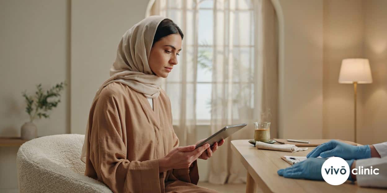 Middle Eastern woman in modest dress completing a pre-treatment health questionnaire on a tablet in a calm, premium consultation room, gloved practitioner’s hands resting on the desk beside her, no device, machine or handpiece anywhere in frame
