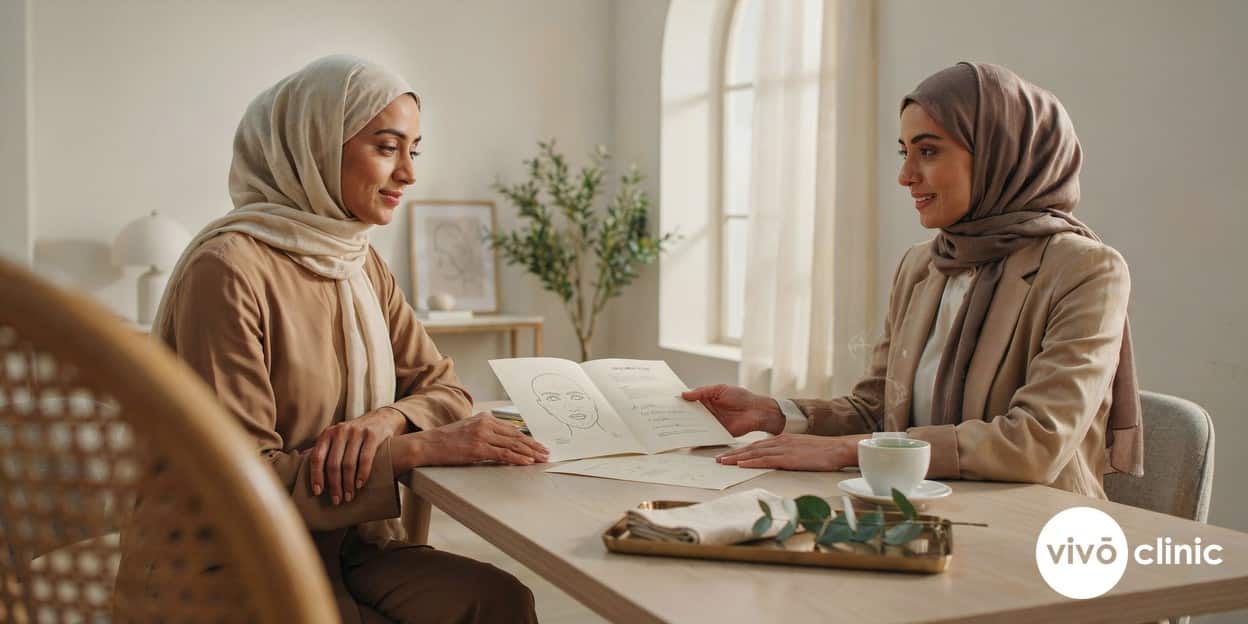 Middle Eastern woman and a female practitioner in modest attire smiling during a relaxed pre-treatment consultation at VIVO Clinic Dubai, discussing a printed treatment plan, no device, machine or handpiece anywhere in frame