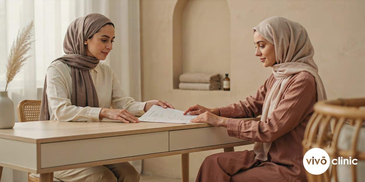 Middle Eastern practitioner in modest attire reviewing a medical history form with a female client during a pre-treatment safety consultation at VIVO Clinic Dubai