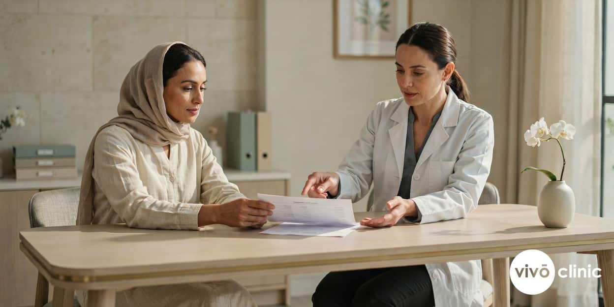 Middle Eastern woman in modest dress reviewing a clear treatment cost breakdown with a practitioner during a non-surgical aesthetic consultation at VIVO Clinic Dubai