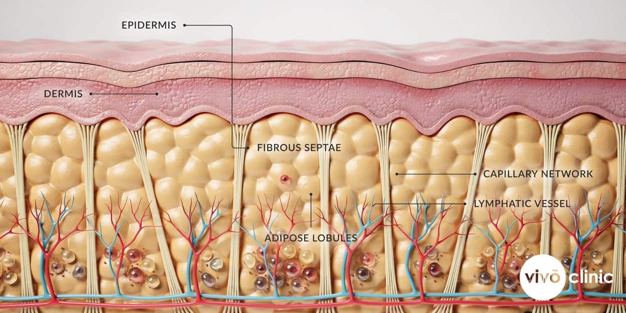 Photorealistic cross-section render of skin showing fibrous septae, expanded fat chambers and the microcirculation and lymphatic vessels involved in cellulite formation