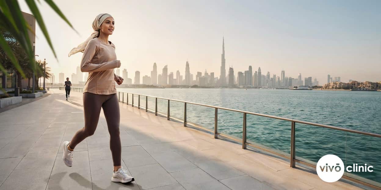 Middle Eastern woman in modest activewear walking outdoors at sunrise as part of a lifestyle plan supporting cellulite treatment results at VIVO Clinic Dubai