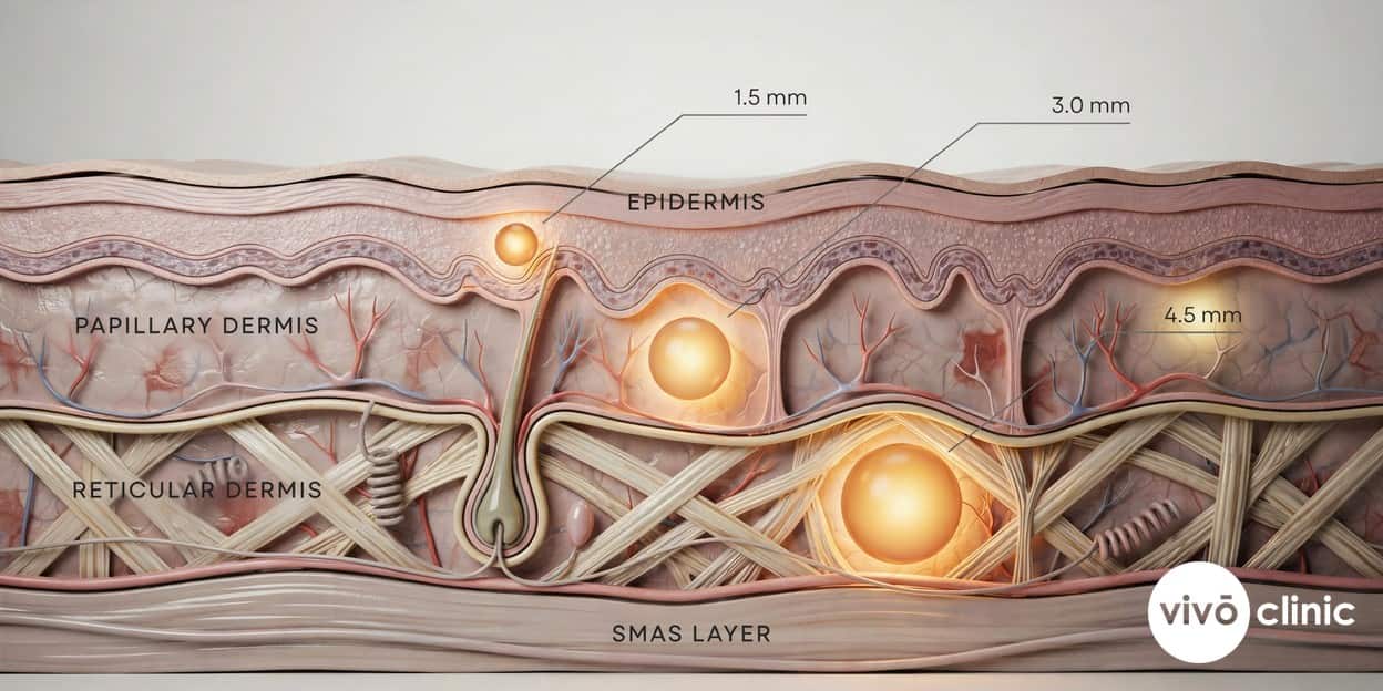 Photorealistic technical cross-section render of skin layers showing three HIFU focal heating points at 1.5mm, 3.0mm and 4.5mm depths reaching the reticular dermis and SMAS
