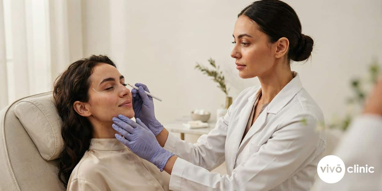 Practitioner in modest attire using white cosmetic marking lines to map the deep dermal treatment zones on a Middle Eastern woman’s face during a HIFU consultation at VIVO Clinic Dubai
