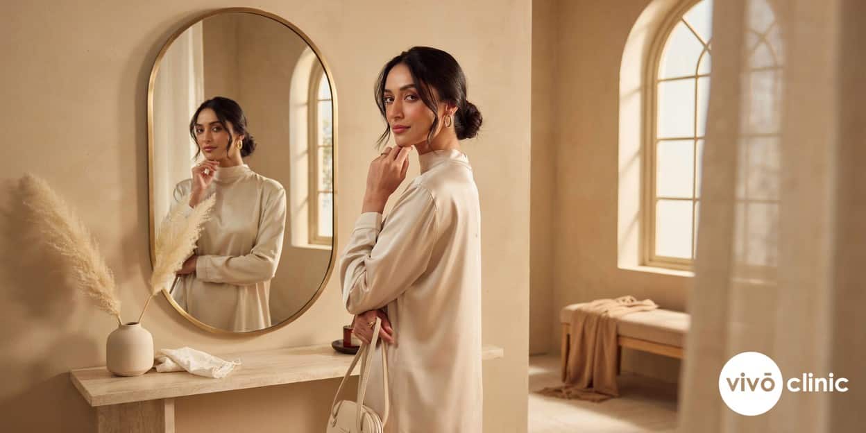 Middle Eastern woman in modest dress examining her firm, healthy skin in a softly lit premium clinic mirror, illustrating the gradual collagen-building results of HIFU