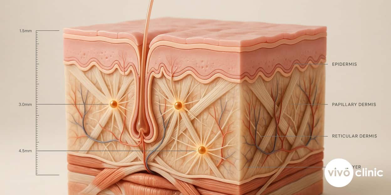 Photorealistic technical cross-section render of facial skin showing HIFU focal heating points reaching the deep reticular dermis where new collagen forms