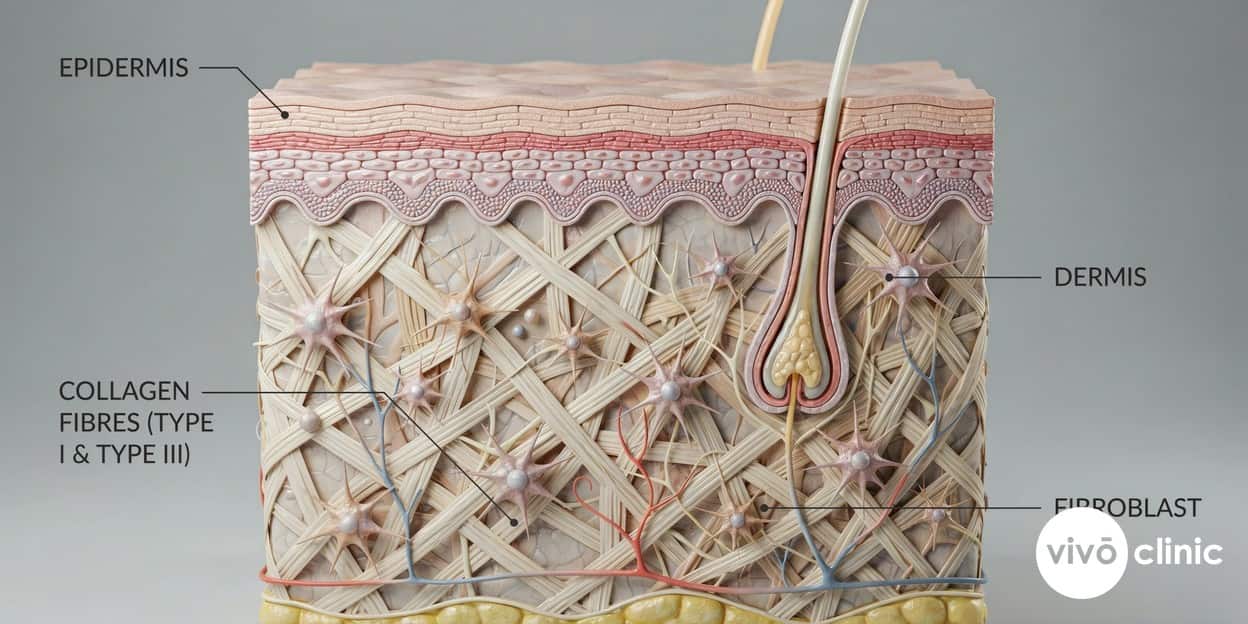 Photorealistic technical cross-section render of skin showing the epidermis, the collagen-rich dermis with densely woven Type I and Type III collagen fibres, and fibroblast cells, with embedded depth labels