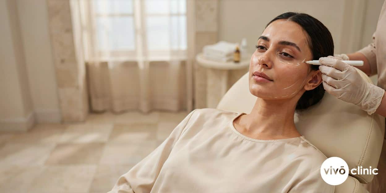 Practitioner in modest attire using white cosmetic marking lines to map treatment zones on a Middle Eastern woman’s cheek and jawline during a collagen-stimulation consultation at VIVO Clinic Dubai