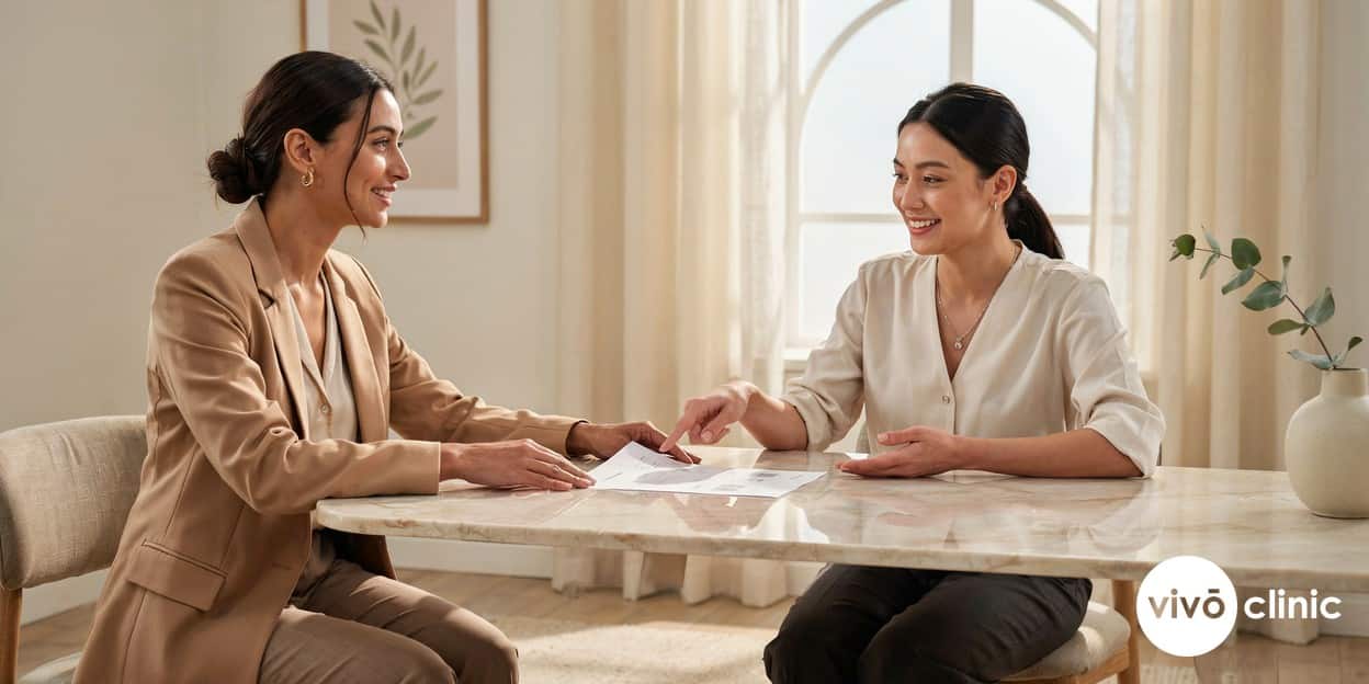 Middle Eastern woman with visibly firm, healthy, naturally radiant skin reviewing a collagen-rebuilding treatment plan with a consultant in a premium clinic setting
