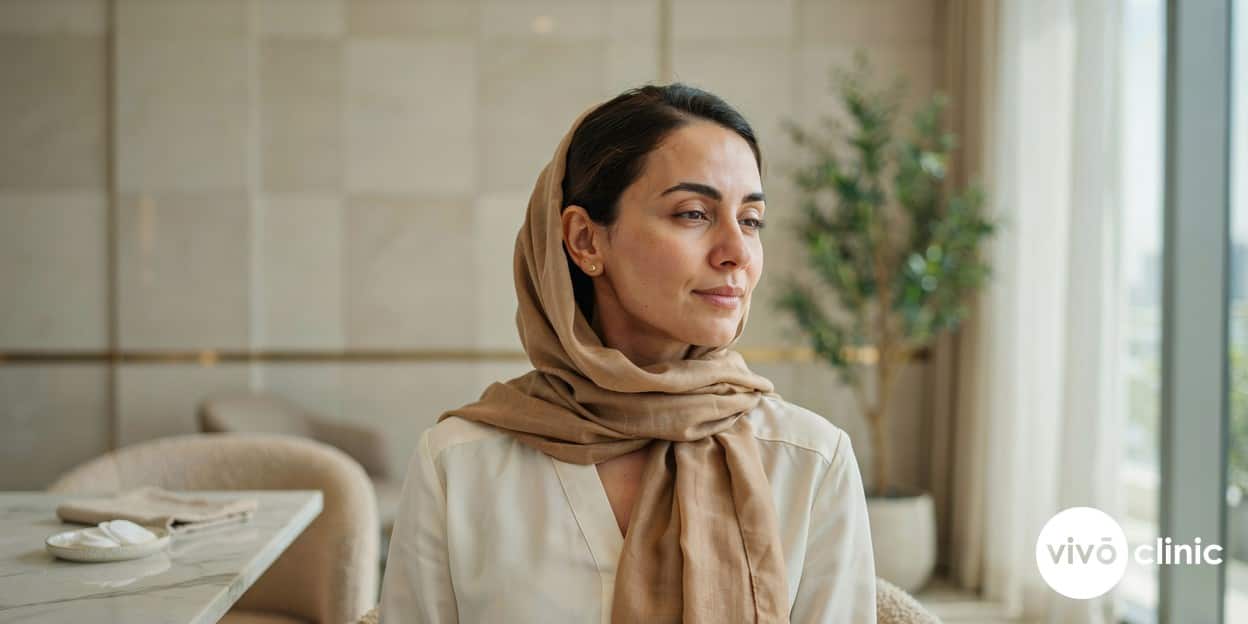 Middle Eastern woman examining her firm, healthy skin in soft light during a collagen-focused skin consultation at VIVO Clinic Dubai