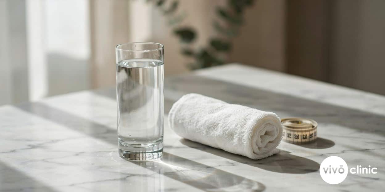 Photorealistic editorial still life of a glass of water, a measuring tape and a towel arranged on a clean marble surface in a premium Dubai clinic, representing gentle aftercare for ultrasound cavitation