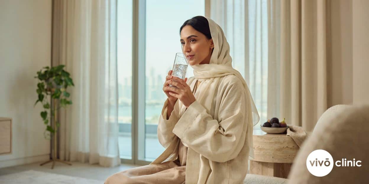 Middle Eastern woman smiling and drinking a glass of water at home after an ultrasound cavitation session, illustrating the simple hydration-focused aftercare that supports recovery