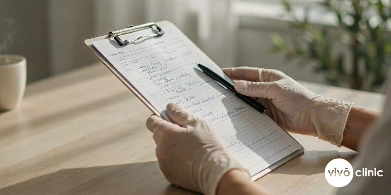 Practitioner’s gloved hands reviewing a printed medical-history form and treatment notes on a clipboard during an aesthetic consultation