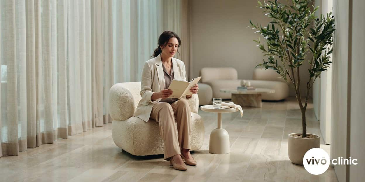 Middle Eastern woman in modest attire considering treatment information thoughtfully in a calm, premium Dubai clinic waiting area