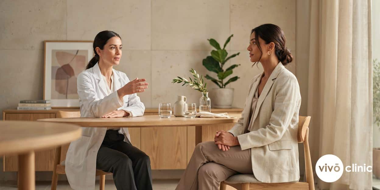 Middle Eastern woman in modest dress in conversation with a practitioner during an aesthetic treatment consultation at VIVO Clinic Dubai