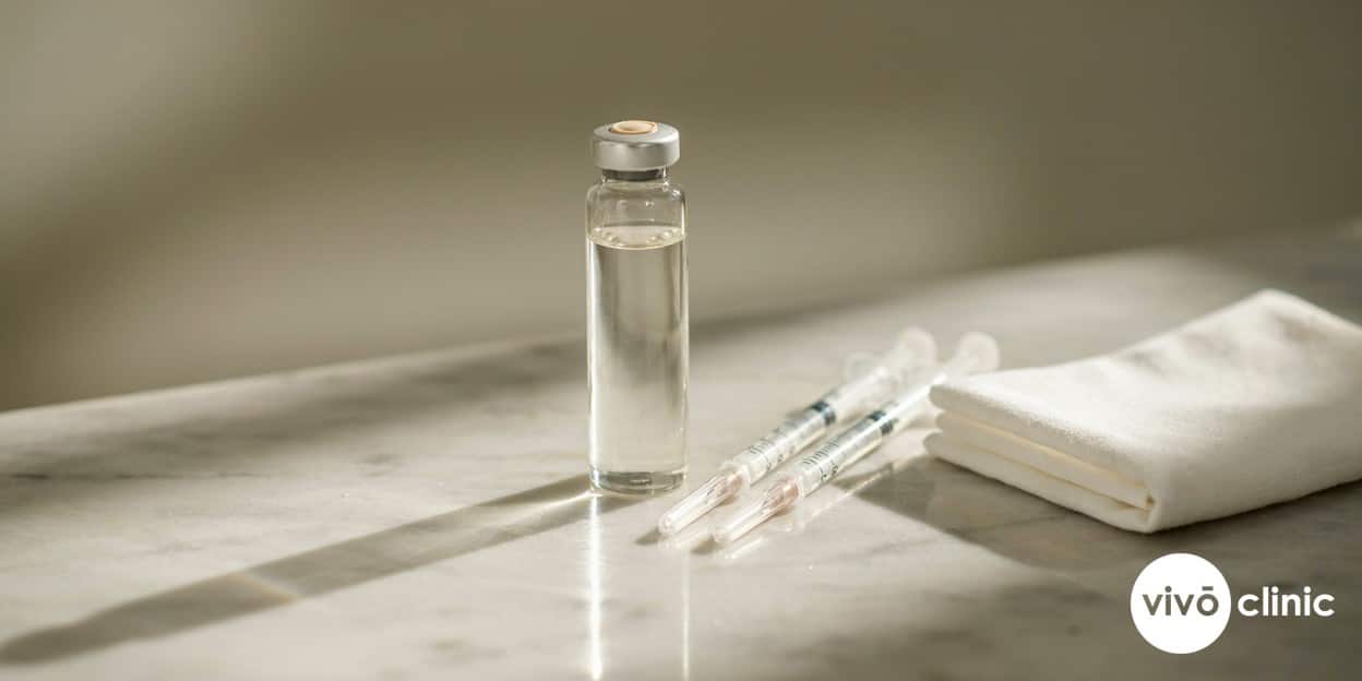 Photorealistic still-life of an Aqualyx fat dissolving injection vial and agarose gel solution on a clean marble clinic surface beside sterile syringes, illustrating sodium deoxycholate used for localised fat reduction