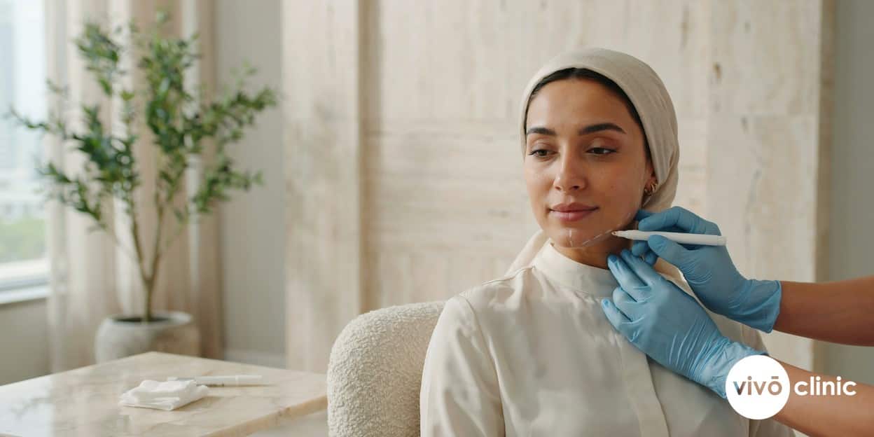 Practitioner's gloved hands drawing white cosmetic marking lines beneath a Middle Eastern woman's chin during an Aqualyx fat dissolving consultation at VIVO Clinic Dubai