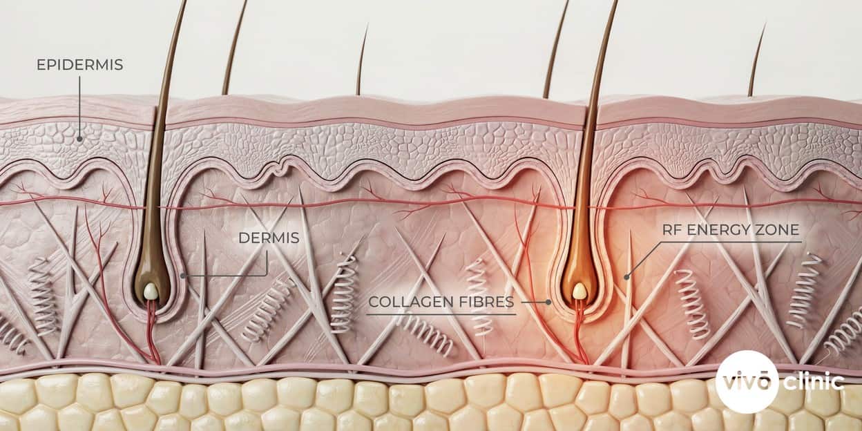 Photorealistic cross-section render of skin showing radiofrequency energy warming the deep dermis to stimulate collagen, with the surface layer left intact and unbroken