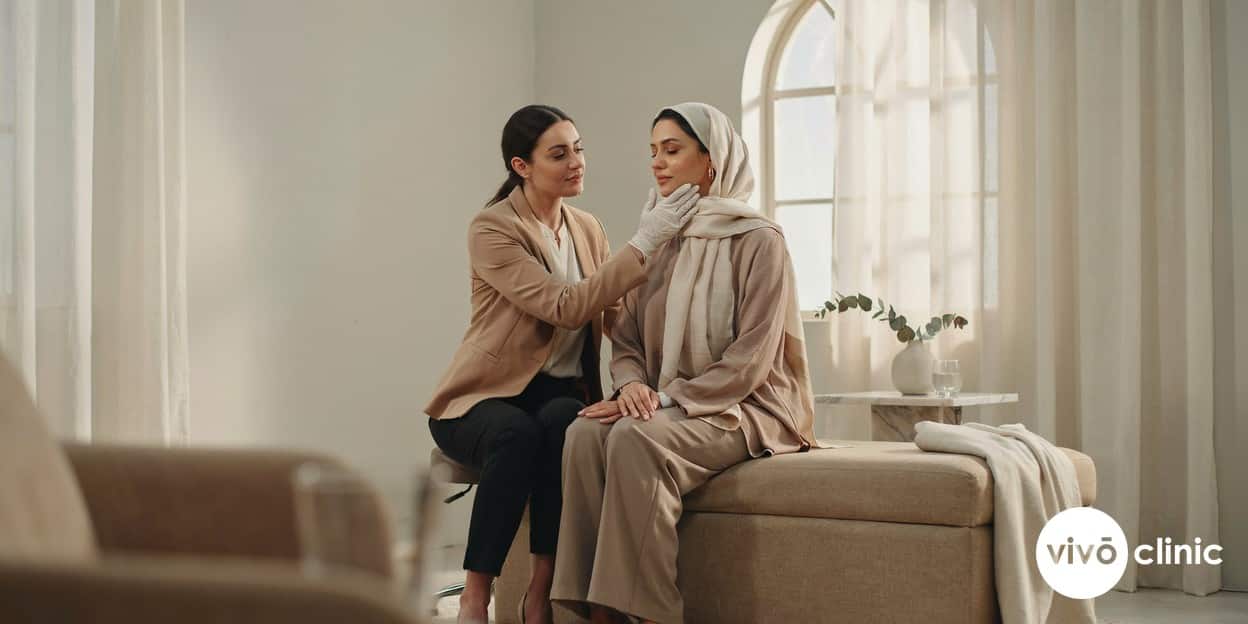 Practitioner in modest attire wearing gloves, gently checking a Middle Eastern woman’s cheek during a calm aftercare review at VIVO Clinic Dubai, no device, machine or handpiece anywhere in frame