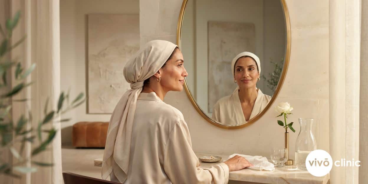 Middle Eastern woman with calm, healthy, even-toned skin smiling in a bright mirror a day after radiofrequency treatment at VIVO Clinic Dubai, no device, machine or handpiece anywhere in frame