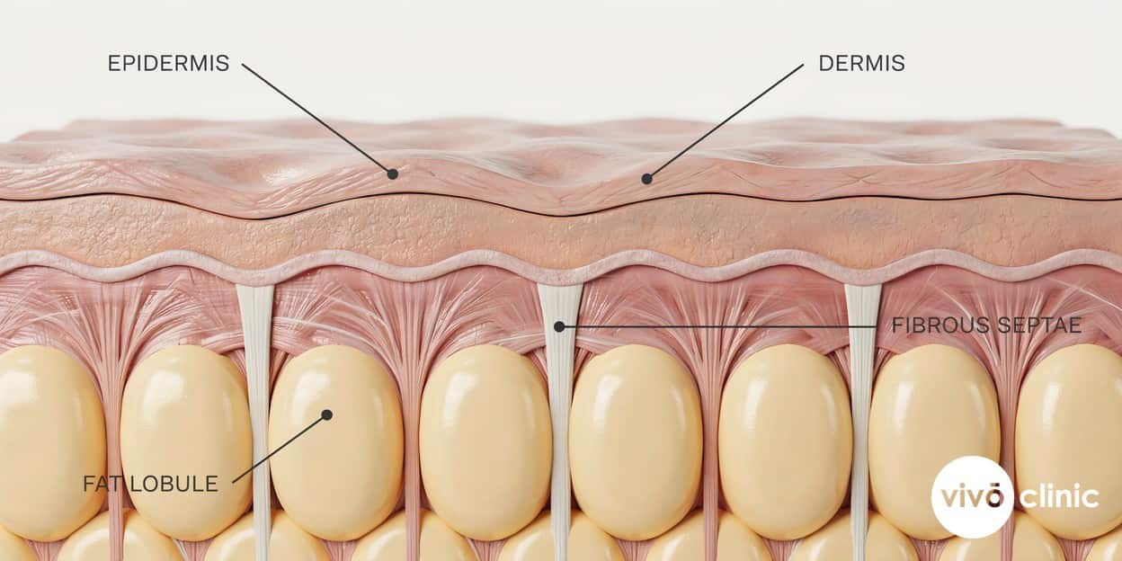 Photorealistic anatomical cross-section render of female skin showing vertical fibrous septae tethering the dermis while subcutaneous fat lobules bulge upward to create cellulite dimpling, with embedded depth labels