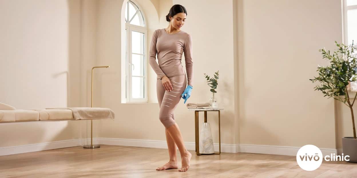 Middle Eastern woman in modest activewear with white cosmetic mapping lines drawn on her thigh during a cellulite assessment at VIVO Clinic Dubai