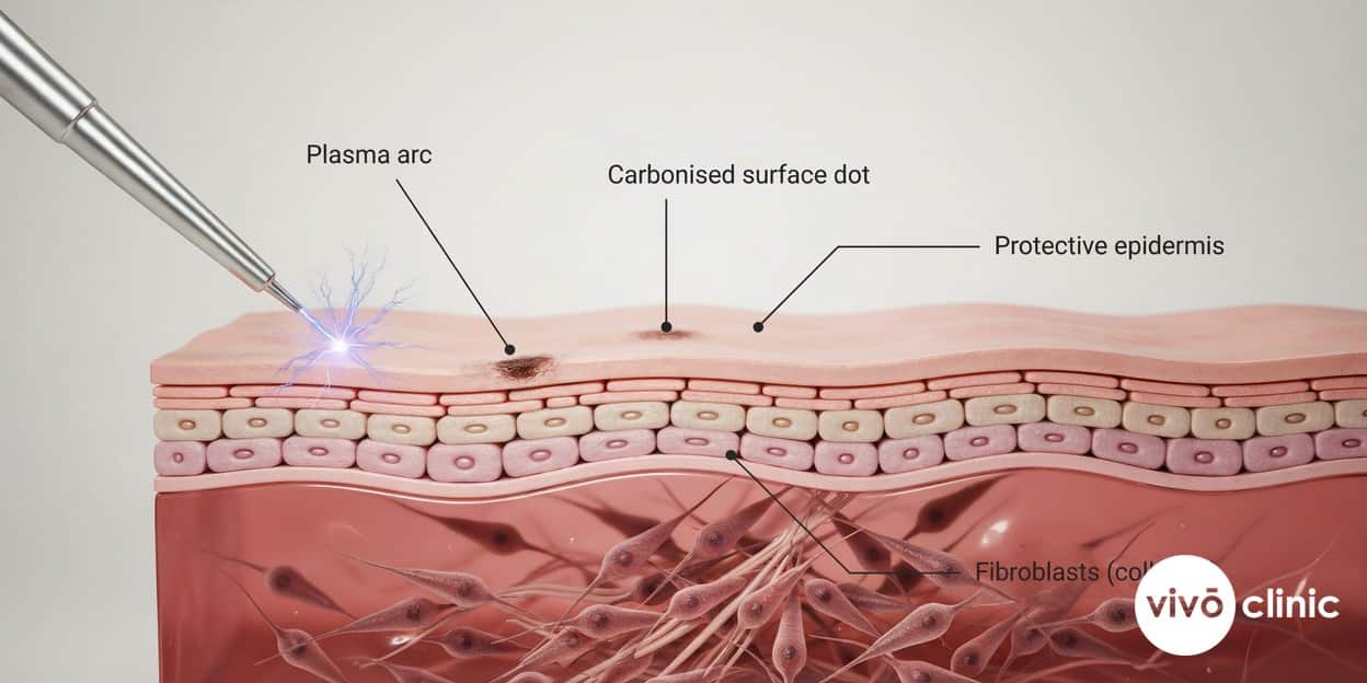 Photorealistic technical cross-section render of eyelid skin showing a plasma pen tip discharging a micro-spark arc onto the epidermis, with labels marking the carbonised surface dot, the protected epidermal layer, and the fibroblast-rich dermis below