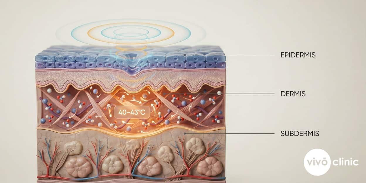 Photorealistic technical cross-section render of facial skin showing radiofrequency energy heating the dermis through molecular oscillation of water molecules, with labelled epidermis, dermis and subdermis layers
