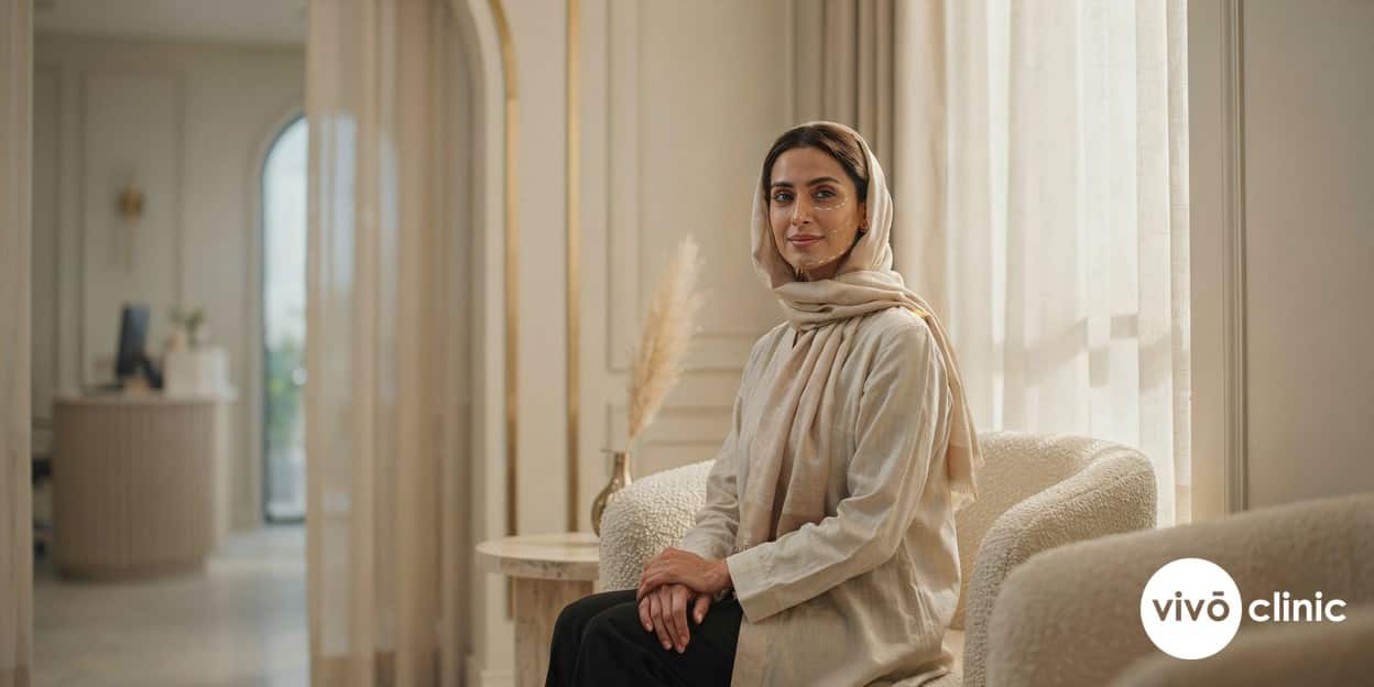 Middle Eastern woman with white cosmetic marking lines along her cheek and jawline during an RF facelift consultation at VIVO Clinic Dubai