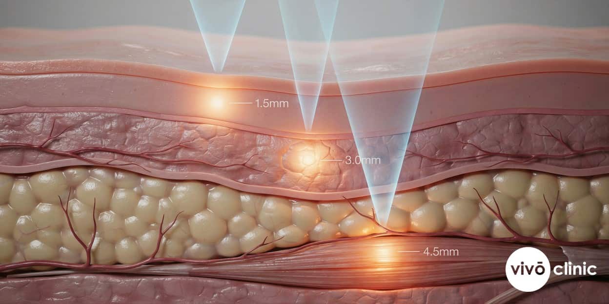 Photorealistic cross-section render of facial skin showing HIFU focal heating points at 1.5mm, 3.0mm and 4.5mm depths, with the deepest point reaching the SMAS support layer while the skin surface remains unharmed