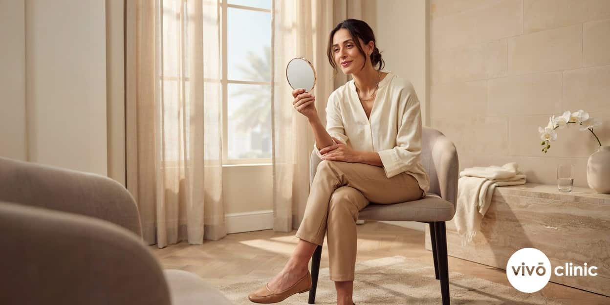Middle Eastern woman examining her firmer, more defined jawline in a hand mirror after a HIFU facelift, relaxed and smiling in a bright premium Dubai clinic room