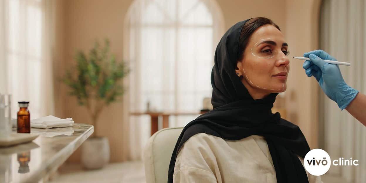 Middle Eastern woman with white cosmetic mapping lines along her jawline during a HIFU facelift consultation at VIVO Clinic Dubai