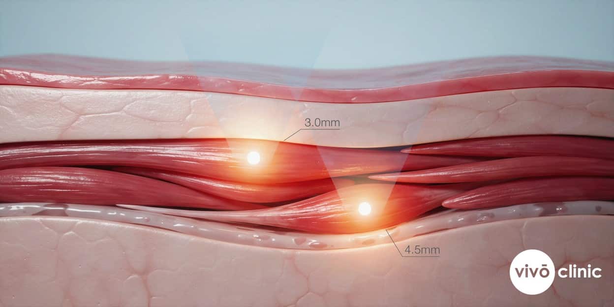Photorealistic technical cross-section render of the vaginal wall showing two focused-ultrasound focal heating points at 3.0mm in the lamina propria and 4.5mm in deeper muscle and fascia, with the surface epithelium shown intact above them