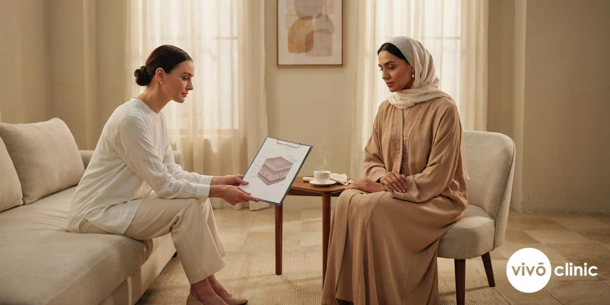 Female practitioner in modest professional attire explaining the focused-ultrasound process to a calm Middle Eastern woman using a printed anatomical diagram in a private, premium consultation room at VIVO Clinic Dubai