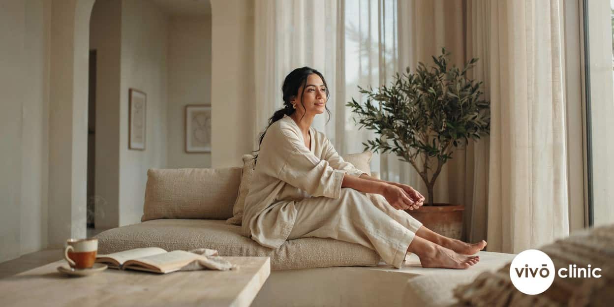 Middle Eastern woman in comfortable, modest loungewear sitting relaxed and confident by a bright window in a calm, premium home setting, conveying restored comfort and wellbeing
