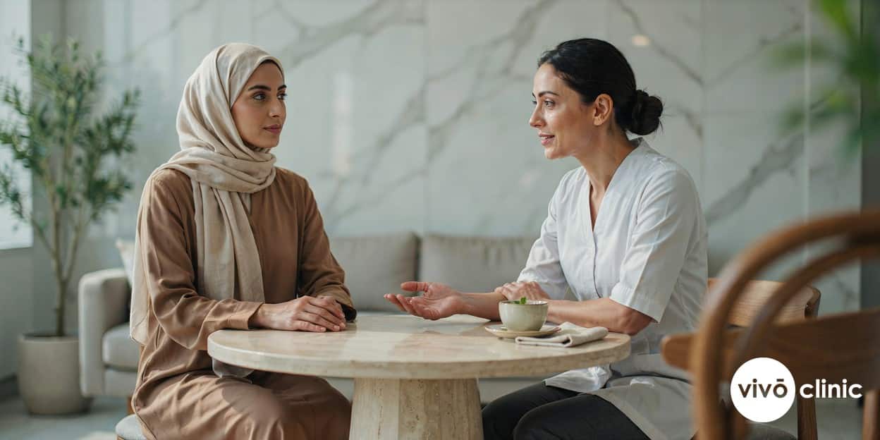 Middle Eastern woman in modest dress speaking calmly with a female practitioner during a private HIFU vaginal tightening consultation at VIVO Clinic Dubai