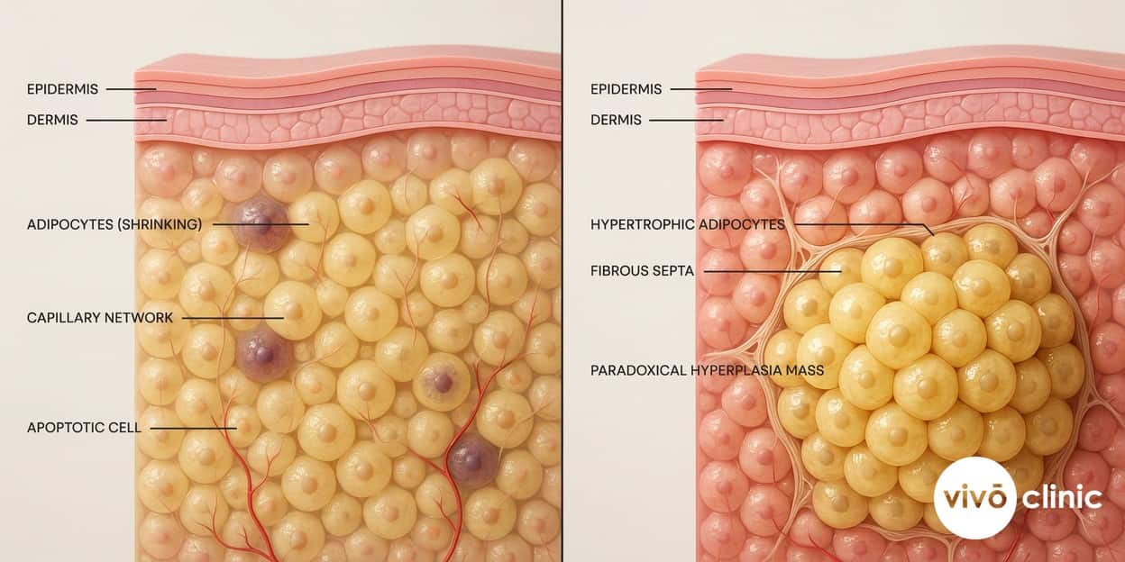Photorealistic medical cross-section render of subcutaneous fat tissue contrasting a normal cryolipolysis response with cells shrinking against a paradoxical adipose hyperplasia response with fat cells enlarging into a firm demarcated mass, with subtle embedded labels