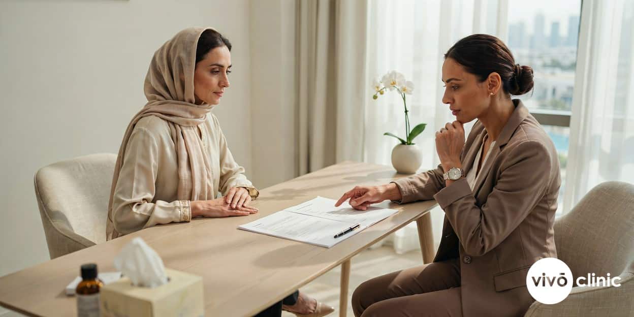 Middle Eastern woman in modest attire reviewing a printed fat freezing consent and safety document with a practitioner at VIVO Clinic Dubai, representing transparent risk disclosure before cryolipolysis