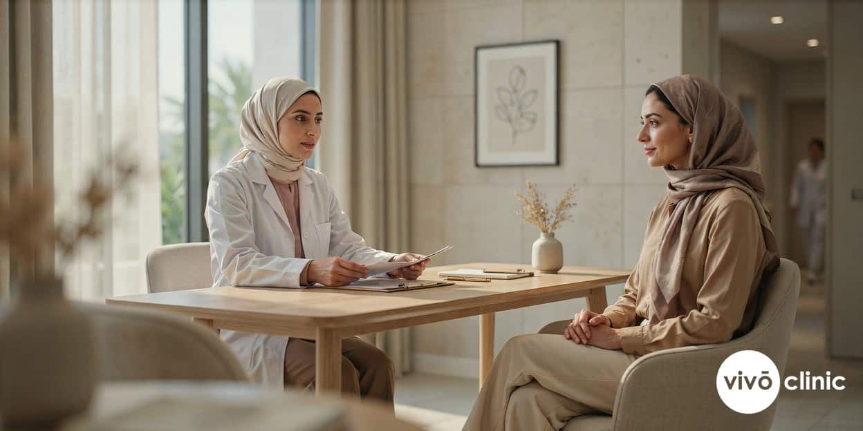 Middle Eastern woman in modest dress speaking with a practitioner during a fat freezing safety consultation at VIVO Clinic Dubai, discussing the rare risk of paradoxical adipose hyperplasia