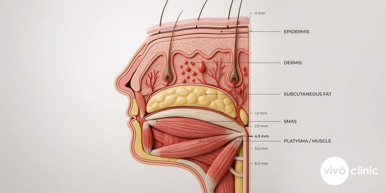 Photorealistic anatomical cross-section render of facial layers showing skin, subcutaneous fat, the SMAS connective-tissue layer, and deeper structures, with the SMAS labelled at approximately 4.5mm depth