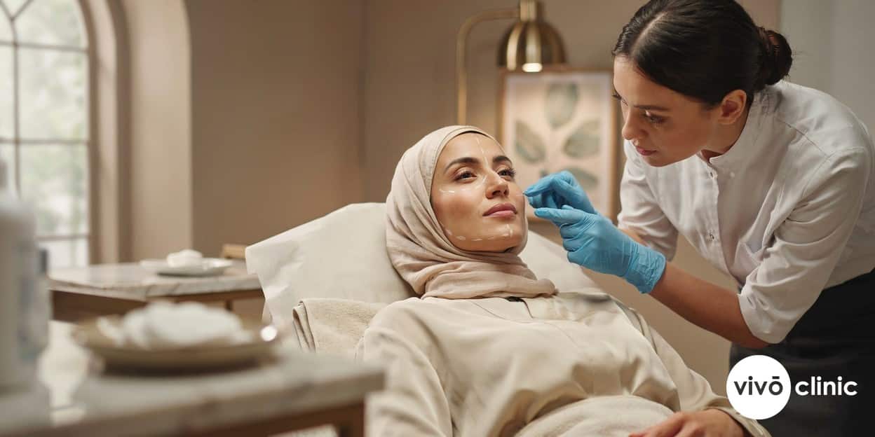 Practitioner in modest attire using fine white cosmetic marking lines to map the jawline and mid-face of a Middle Eastern woman during a HIFU facelift consultation at VIVO Clinic Dubai, with no device in frame