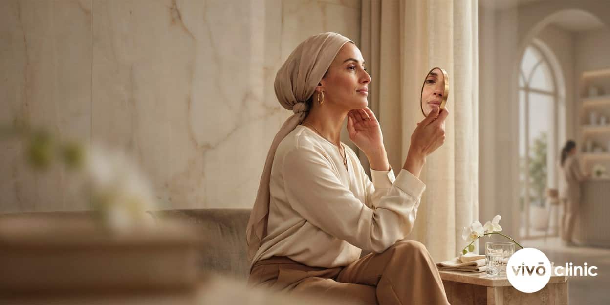 Middle Eastern woman studying her defined jawline and lifted cheek contour in a hand mirror after a non-surgical HIFU facelift at VIVO Clinic Dubai