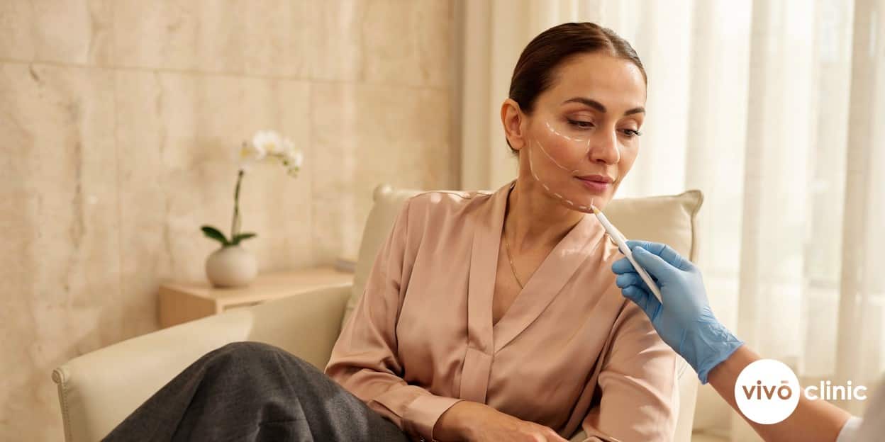 Middle Eastern woman with fine white anatomical marking lines along her jawline and cheek during a facelift consultation at VIVO Clinic Dubai, illustrating the deep SMAS support layer
