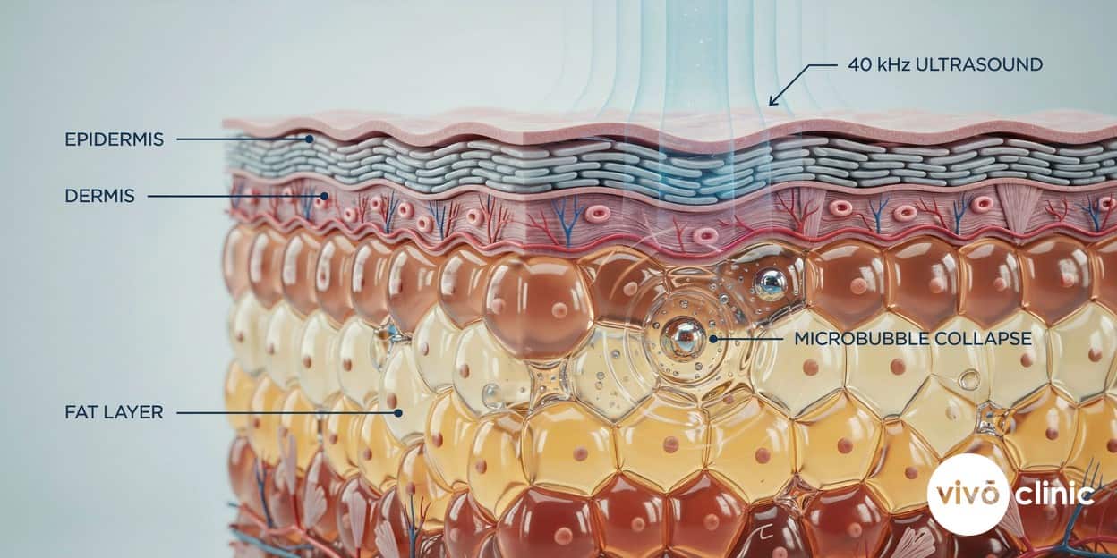 Photorealistic technical cross-section render of skin and subcutaneous fat showing low-frequency 40 kHz ultrasound waves forming and collapsing microbubbles around fat cells, with embedded depth labels