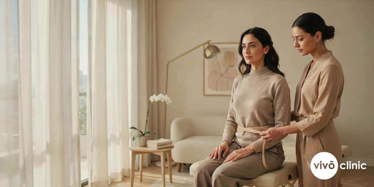 Middle Eastern practitioner in modest attire using a tape measure to assess a client’s waistline before ultrasound cavitation body contouring at VIVO Clinic Dubai