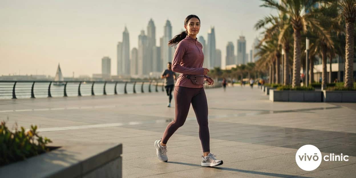 Middle Eastern woman in modest activewear walking briskly along a Dubai waterfront after her cavitation session, supporting the fat metabolism that follows treatment at VIVO Clinic Dubai