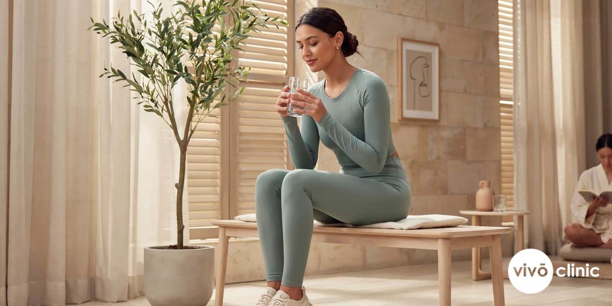 Middle Eastern woman in modest activewear drinking water after an ultrasound cavitation session at VIVO Clinic Dubai, illustrating the hydration that helps clear released fat